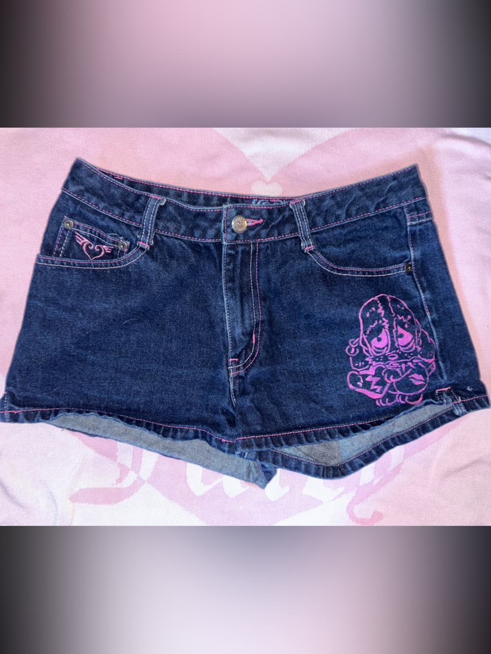 Dark Wash Denim Shorts with Pink Stitching and Sad Sam hand drawn graphic size 9